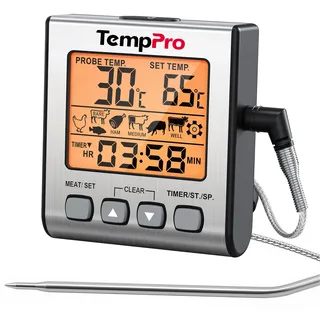 TempPro Fleischthermometer Digital mit beleuchtetem LCD, Timer, Fühler | Bratenthermometer Ofenthermometer Gartemperatur-Presets, Grillthermometer Alarm, Magnet, für BBQ Ofen Grill (Ex-ThermoPro