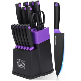 FIVE COWS Messerblock Set, mit 14-teilige, Küchenmesser Set, mit Selbstschärfender Messerblock, mit steakmesser und Schere, Beschichtung verhindert Oxidation, professionelles Set für Zuhause (Violett)