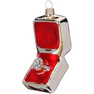 Holly & Jolly - Weihnachtskugel Verlobungsring, ca. 10,5 cm | Christbaumkugel aus Glas, handbemalt, Weihnachtsbaumschmuck in Rot und Silber, beglittert, Weihnachtsdeko für Innen
