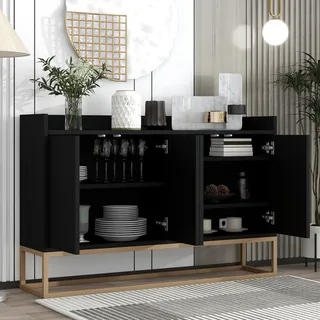 okwish modernes Sideboard im minimalistischen Stil 120 x 30 x 80 cm, 4-türiger griffloser Schubladenschrank, Esszimmer, Wohnzimmer, Küchenbuffetschrank (schwarz) - Schwarz