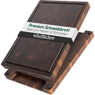 MAKUMORI Premium Schneidebrett aus Massivholz, Stirnholz, End Grain 40x29x3cm - Aus karbonisiertem Akazienholz -FSC®-zertifiziert, Standfüße, Saftrinne und große Griffmulden