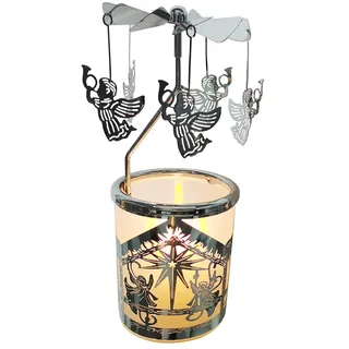Kingnero Engel Windlicht Karussell, Glas teelichthalter karussell, Drehbar Kerzenhalter windmühle Kerze für Weihnachten Geschenken (silbernes)