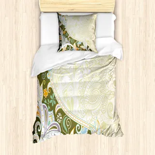 ABAKUHAUS olivgrün Mantele, Abstrakt Flora Blatt, Milbensicher Allergiker geeignet mit Kissenbezügen, 135 cm x 200 cm - 80 x 80 cm, Mehrfarbig - Grün