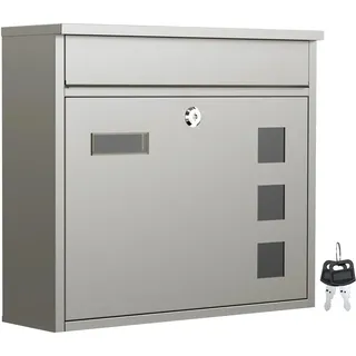 Wiltec Briefkasten V12 Edelstahl 360 x 115 x 315 mm, Wandbriefkasten mit Schloss, Sichtfenstern und Namensschild, Postkasten aus Stahl