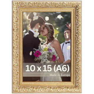 VictoR Vintage Bilderrahmen „Rubens“ in 10x15 cm (A6) Gold Grün - Leiste: 30x20mm - Echtglas - Fotorahmen Barock - Antik - Bilderrahmen 10x15 Gold