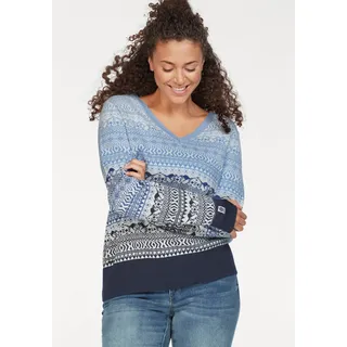 Jacquardpullover KANGAROOS, Damen, Gr. 52/54, blau (marine, hellblau), Feinstrick, Obermaterial: 50% Baumwolle, 50% Polyacryl, Jacquardmuster, figurbetont hüftlang, V-Ausschnitt, Rippbündchen mit Daumenlöchern, Pullover Jacquardpullover, im Norweger-Muster mit kleinen Kängurus