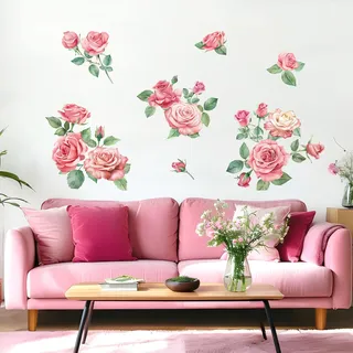 FUFUQUARE Aquarell Rosa Rose Blumen Wandaufkleber Blühende Blumen Wandkunst Aufkleber Schälen und Aufkleben für Schlafzimmer Wohnzimmer Kinderzimmer