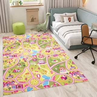 TAPISO Flannel Teppich rutschfest Rosa Bunt Waschbar Kurzflor Modern Straßenteppich Stadt Kinderteppich Kinderzimmer Spielteppich ÖKOTEX 200 x 300 cm