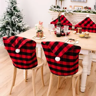 TSLBW 4 Stück Weihnachten Stuhlhussen, Stuhlhussen mit Weihnachtsmannmütze, Stuhlbezug Nikolaus Weihnachtsdeko für Weihnachten, Esszimmer, Küche, Party, Dekoration (Rot)