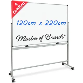Master of Boards Magnettafel Whiteboard mit Ständer 120 x 220cm mobiles White Board auf Rollen doppelseitige Stativdrehtafel magnetisch, beschreibbar, rollbar, leicht abwischbar mit Stifteablage