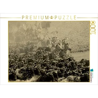 CALVENDO Puzzle Gnuwanderung in der Masai Mara im Vintage Look 1000 Teile Puzzle quer | Lege-Größe cm Foto-Puzzle für glückliche Stunden