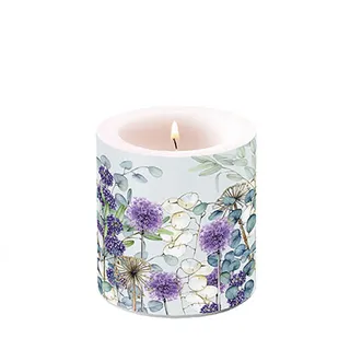 Ambiente Kerze Blumen Löwenzahn in bunter Pflanzenwelt als Tischdeko. Motivkerze rund klein für den gedeckten Tisch Ø7,5 x 9cm