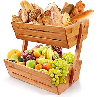Bambus Obstkorb Schüsselhalter - 2 Stück Obstständer aus Bambus mit Griff, Aufbewahrungskorb für Küche, Obstschale für Arbeitsplatte, Aufbewahrungsschale für Früchte, Gemüse, Snacks (Natur)