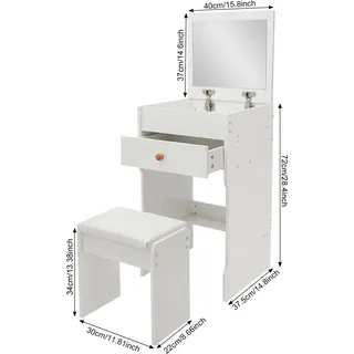 Schminktisch - Kompakter Frisiertisch mit Spiegel - Klappspiegel mit verstecktem Stauraum - Glas-Tischplatte - Gepolsterter Hocker - Tragkraft 90 kg - Weiß