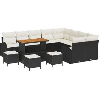 13 teiliges Garten-Sofa-Set mit Kissen Schwarz Poly Rattan Akazie, 4 teiliges Garten-Dining-Set mit Kissen Schwarz Poly Rattan Akazie, 2-Sitzer Garten-Sofa mit Kissen Schwarz Poly Rattan, Gartensofas DesignMöbel Neu - Schwarz