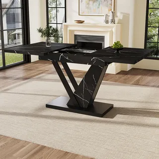 Teleskop-Esstisch 120-160 cm mit Marmor-Optik – Ausziehbarer Küchentisch in Schwarz, mit innenliegenden Einlegeplatten, für 4-6 Personen, modernes Design - Schwarz