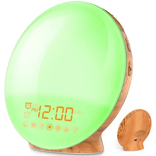 COULAX Wake Up Licht Lichtwecker Holzoptik Tageslichtwecker Licht Wecker mit 2 Weckzeiten 7 Naturgeräuschen und UKW-Radio Snooze Wake Up Light Alarm Clock für Erwachsene & Kinder