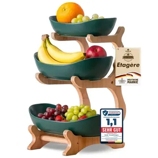 VANEJA® Obst Etagere 3 stöckig DUNKELGRÜN KERAMIK mit Bambusständer, Servierständer für Obst Snacks Gebäck, eleganter Schalenständer Obstschale modern für Küche und Wohnzimmer