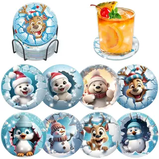 Lxmsja 8 STK Diamond Painting Untersetzer Weihnachten mit Halter, Diamant Painting Bilder Erwachsene Kinder, Tier Diamant Tassenuntersetzer mit Kork, Kreativ Set für Weihnachten Deko