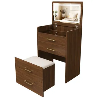 Stilvora Schminktisch in Nussbaumfarben Frisiertisch mit Spiegel Glasplatte 3 Schubladen für Wohnzimmer B60/T40/H118cm , Holzwerkstoff, Glas , Rechteckig,Rechteckig , 60x118x40 cm , Schlafzimmer, Schminktische