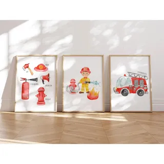 MeinBaby123® Bilder Kinderzimmer | 3er Set DIN A4 Poster Set Feuerwehr | Feuerwehrauto, Feuerwehrmann | Deko Kinderzimmer Junge | Babyzimmer Deko | Wandposter Premium (Feuerwehr V3)