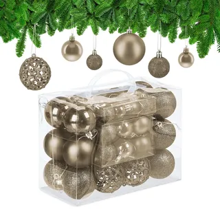 Relaxdays Weihnachtskugeln 50er Set, glitzernde, Matte & glänzende Christbaumkugeln, Kunststoff, 3, 4 & 6 cm, Champagner