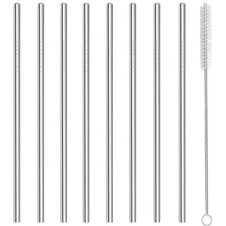 Edelstahl-Trinkhalme, Metall, wiederverwendbar, für Saft, Eiskaffee, kalte Getränke, Wasser, Highballgläser, Becher, Tassen, 6 mm breit, 215 mm lang, Set mit 8 Stück, mit Bürste, Silber