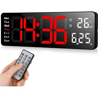 MODFU Digitale Wanduhr, USB-Wanduhr mit großem Display, LED-Digitaluhr mit Fernbedienung, Timer und Countdown, große Uhr mit Datum, Wochentag, Temperatur - Grün, Orange, Rot, Blau