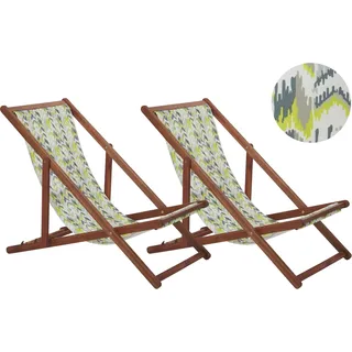 BELIANI Liegestuhl 2er Set Dunkelbraun Akazienholz mit Gelb-Grauem Bezug Zick Zack Muster Klappbar Gartenausstattung Gartenzubehör Modern - Bunt, Weiß, Grau, Gelb, Braun
