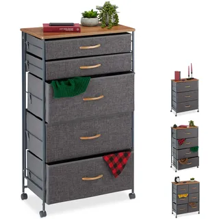 Relaxdays Schubladenschrank mit Rollen, 5 Stoff Schubladen, Deko Stoffschrank, Holzoptik, HBT 96,5 x 58 x 30 cm, grau, Design C