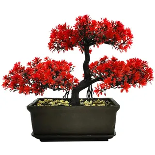 Kunststoff Künstliche Bonsai-Baumdekoration für Eingangsbereich, Schlafzimmer, Ästhetisch und Bauernhaus, Badezimmer, Bücherregal, Zimmer, Schreibtisch, Dekoration 28 x 21,8 cm Rot