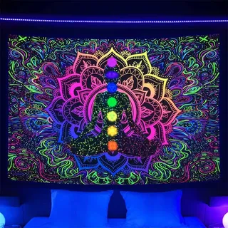 Schwarzlicht-Wandteppich mit sieben Chakren, UV-reaktiv, böhmisches Mandala, spiritueller Wandteppich, Boho, Yoga, Meditation, Schwarzlicht, Wandbehang für Yoga-Raum, Boho, Schlafzimmer, Wohnzimmer,