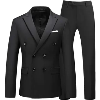 MOGU Herren 2-teiliger zweireihiger Anzug Slim Fit Smoking Blazer und Hose für Hochzeit Abschlussball Homecoming, Schwarz, 56