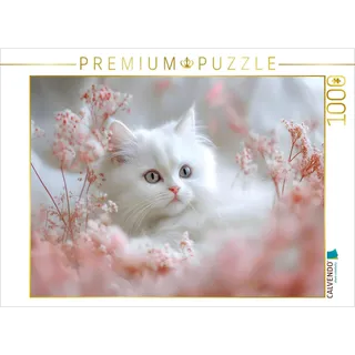 CALVENDO Puzzle Weisse Katze in rosa Blumen | 1000 Teile Lege-Größe 64 x 48 cm Foto-Puzzle für glückliche Stunden