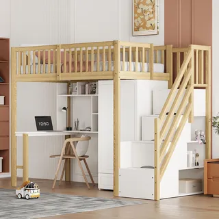 Flieks Etagenbett 90x200 mit Kleiderschrank, Hochbett mit Stauraumtreppe, Kinderbett Einzelbett mit Schreibtisch und Regal, Stockbett Holzbett - Naturbelassen