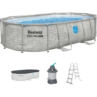 Bestway Power Steel Swim Vista Series Frame Pool Komplett-Set mit Sandfilteranlage 488 x 305 x 107 cm, Steinwand-Optik (Cremegrau), oval