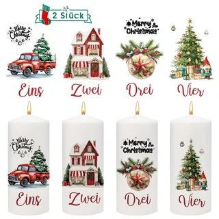 Joxessaien 2er Set Advent Kerzen Tattoo 6-8cm | Adventskalender Zahlen & Weihnachtsmotive Auto Haus | Kerzenaufkleber für Stumpenkerzen Weihnachten
