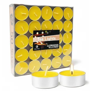 Artisoul 50 Stück Teelichter ohne Duft, gelb – 4 Stunden Brenndauer, Ø 3.8 cm, ideal für Tischdeko, Restaurant, Kirche & Osterdekoration, Feiern & gemütliche Atmosphäre