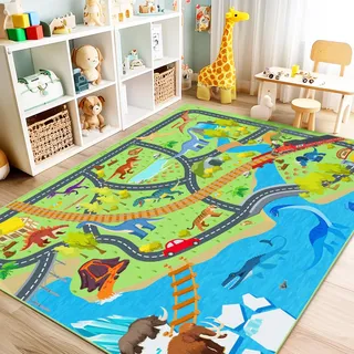 Rezutan Spielteppich Kinder, Dino Kinderteppich Spielzimmer 140X200cm | Kurzflor Waschbar & Rutschfest Teppich für Kinderzimmer Klassenzimmer, Spielzimmer, Schlafzimmer Spielteppich für Kinder