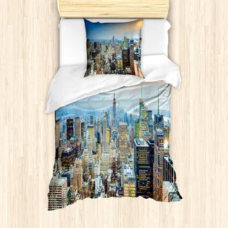 ABAKUHAUS amerikanisch Mantele, Luftaufnahme New York City, Milbensicher Allergiker geeignet mit Kissenbezügen, 135 cm x 200 cm - 80 x 80 cm, Grau Blau Pfirsich
