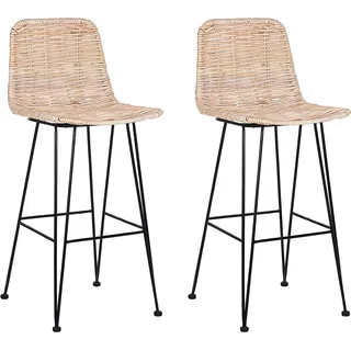 BELIANI Barstuhl 2er Set Naturfarben Rattan mit Lehne Fußstützen Metallbeine Boho Design Thekenstuhl Küchenstuhl Wohnzimmer Küche Bar Wohnküche - Braun, Schwarz