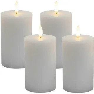 Relaxdays LED Kerzen, 4er Set, HxD: 13 x 7,5 cm, flackernde Flamme, Echtwachs, Rillen, flammenlose Blockkerzen, hellgrau