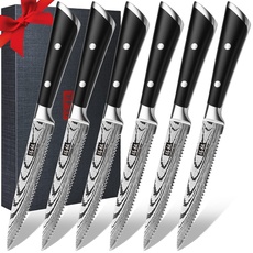 SHAN ZU Steakmesser Set 6-teilig, 13 cm Küchen Steakbesteck Messer set aus Deutscher Carbon Edelstahl, Scharfe Gezahnte Pizzamesser und Ergonomischem Griff Steak Messer, mit Premium-Geschenkbox