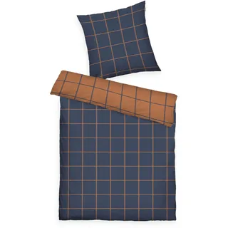 Herding TOM TAILOR Flanell-Bettwäsche, 80x80 cm + 135x200 cm, 100% Baumwolle/ Flanell, Mit Wendemotiv und farbigem Markenreißverschluss, LARGE CHECK Blau, Braun (Dark Navy & Rusty Red)