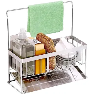 Edelstahl Spülbecken Organizer 2 in 1 mit Handtuchhalter, schmaler Schwammhalter für die Küchenarbeitsplatte, bohrfreie Montage, Silber - Silber