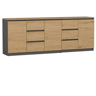 Oggi Esstisch Sideboard 3D mit Schubladen in Anthrazit und Eiche Artisan - Kommode Dole mit Extra Stauraum für Wohnzimmer oder Schlafzimmer