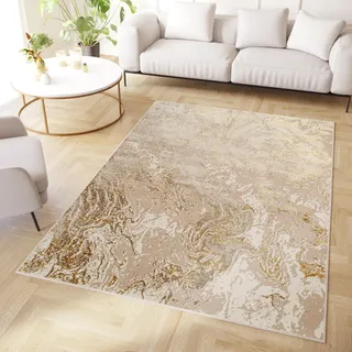 TAPISO Crystal Teppich Kurzflor Glänzend Beige Marmoreffekt 180 x 250 cm | 3D Effekt Wohnzimmer Schlafzimmer Modern Design OEKO-TEX