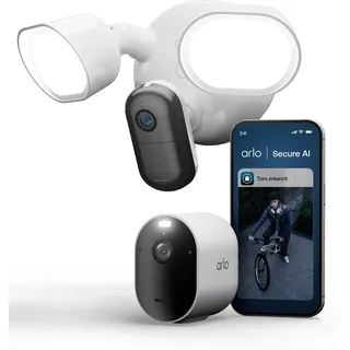 Arlo 2K Flutlichtkamera kabelgebunden + Pro 6 Kamera, Überwachungskamera Aussen WLAN, 2K HDR, 160° Weitwinkel, Bewegungsmelder, LED Licht, 2-Wege-Audio, Sirene, Secure Testzeitraum