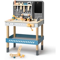 ROBUD Kinder Werkbank aus Holz mit Werkzeug und Zubehör,Spielzeug-Werkzeugset, Geschenk für Kinder ab 3, 4, 5, 6 Jahren und älter