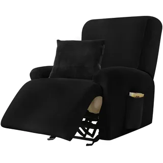 Alishomtll Stretchhusse für Relaxsessel, 4-Teilig Samt Sesselschoner, Stretch Waschbar Sesselbezug Elastisch Bezüge für Fernsehsessel, Sesselüberzug mit 1 Kissenbezug und 2 Taschen (1 Sitzer Schwarz)